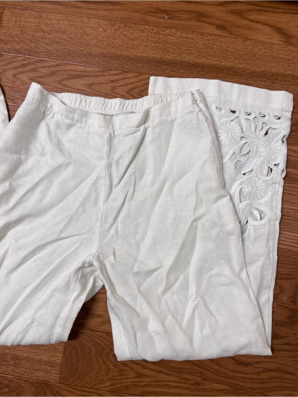 White Embroidered Wide-Leg Pants